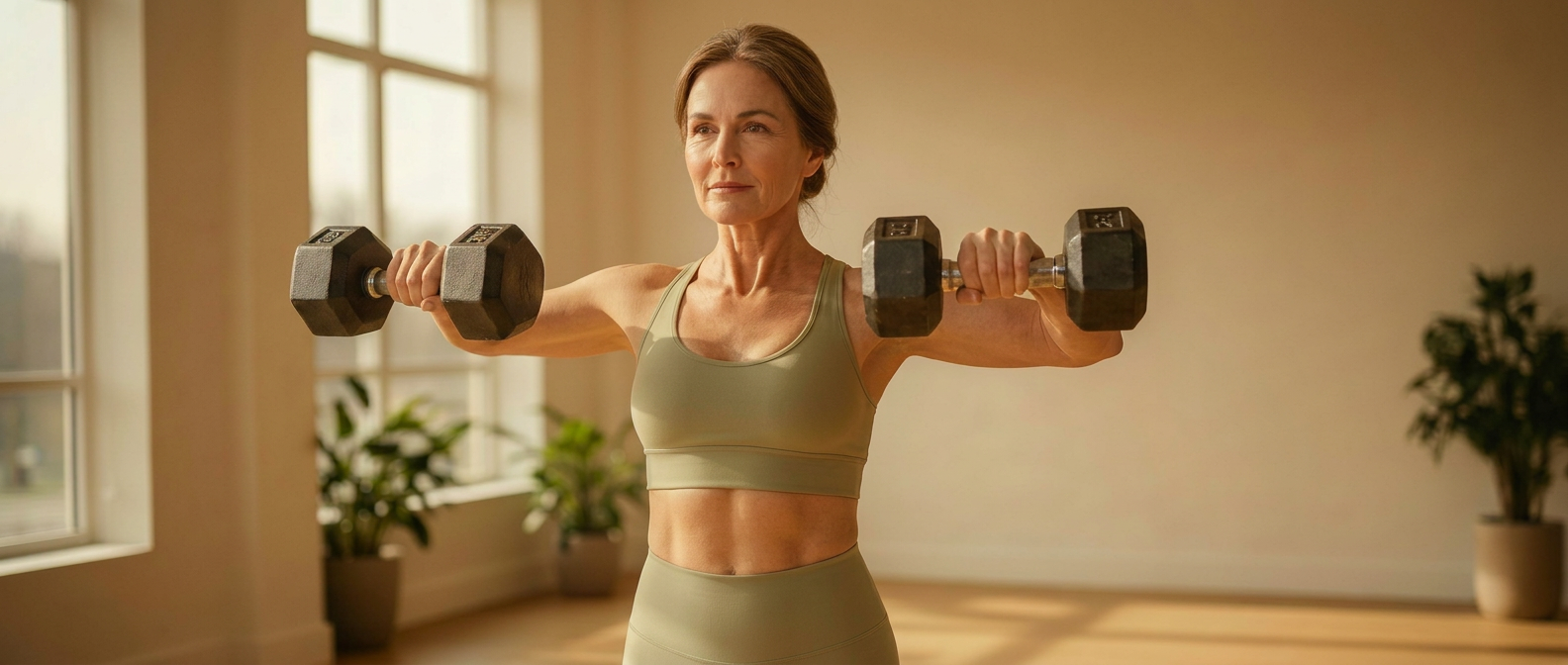 Woman in her 60s strength training with dumbbells in a sunlit studio