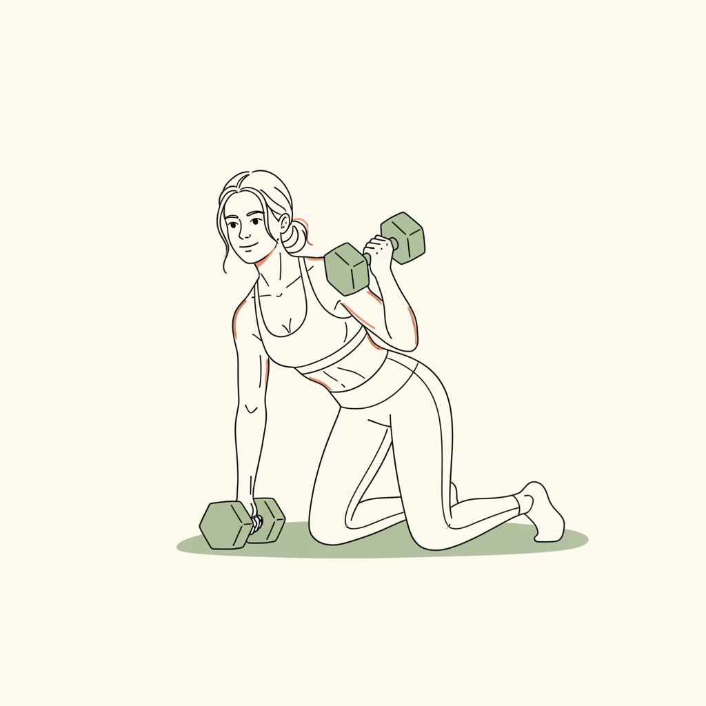 Illustration of Renegade Row (with dumbbells, modified on knees if needed)